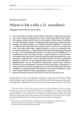 Milyen Is Hát a Tőke a 21. Században? Megjegyzések Piketty Könyvéhez