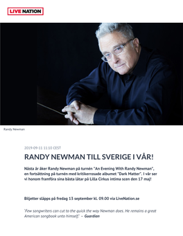 Randy Newman Till Sverige I Vår!