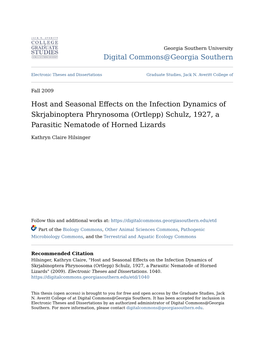 Host and Seasonal Effects on the Infection Dynamics of Skrjabinoptera Phrynosoma (Ortlepp) Schulz, 1927, a Parasitic Nematode of Horned Lizards