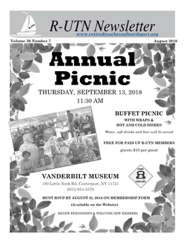 Annual Picnic THURSDAY, SEPTEMBER 13, 2018 11:30 AM