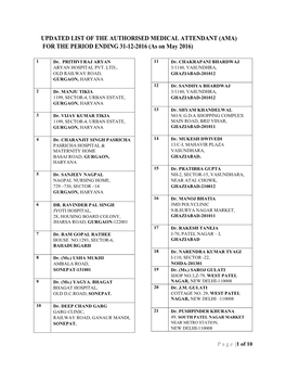 UPDATED LIST of the AUTHORISED MEDICAL ATTENDANT (AMA) for the PERIOD ENDING 31-12-2016 (As on May 2016)