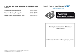 Managing the Complications of Hormonal Therapy (Males) QP-1 Oncologysdhnhsft/01.12/Review/01.14