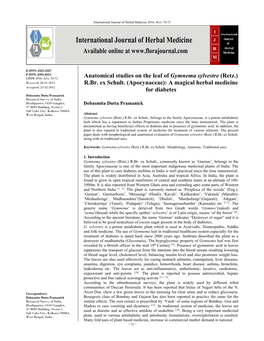 Anatomical Studies on the Leaf of Gymnema Sylvestre (Retz.) IJHM 2016; 4(1): 70-72 Received: 20-11-2015 R.Br