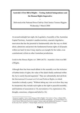 Australia's First Bill of Rights – Testing Judicial Independence and the Human Rights Imperative