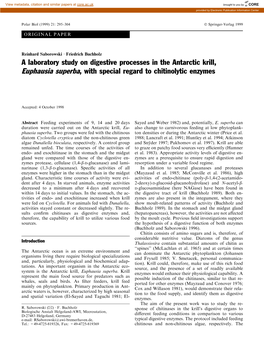 A Laboratory Study on Digestive Processes in the Antarctic Krill, Euphausia Superba, with Special Regard to Chitinolytic Enzymes