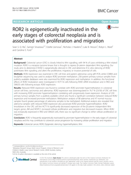 ROR2 Is Epigenetically Inactivated in the Early Stages of Colorectal Neoplasia and Is Associated with Proliferation and Migration Sean S