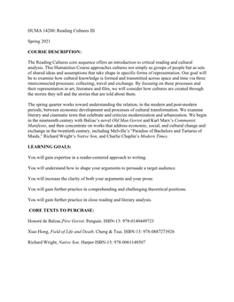 The Reading Cultures Core Sequence Offers an Introduction to Critical Reading and Cultural Analysis