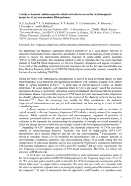 1 a Study of Random Resistor-Capacitor-Diode Networks to Assess the Electromagnetic Properties of Carbon Nanotube Filled Polymer