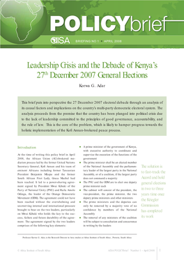 Leadership Crisis and the Debacle of Kenya's 27Th December 2007