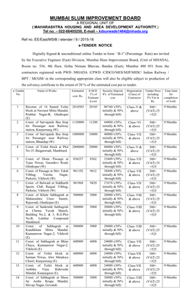 MUMBAI SLUM IMPROVEMENT BOARD a REGIONAL UNIT of ( MAHARASHTRA HOUSING and AREA DEVELOPMENT AUTHORITY,) Tel No