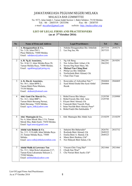 JAWATANKUASA PEGUAM NEGERI MELAKA MALACCA BAR COMMITTEE No