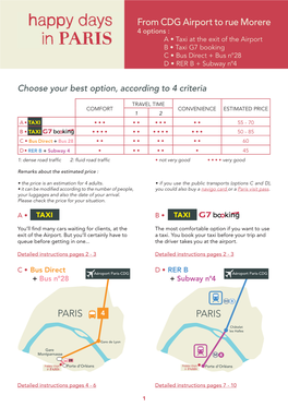 From CDG Airport to Rue Morere 4 Options : a • Taxi at the Exit of the Airport B • Taxi G7 Booking C • Bus Direct + Bus N°28 D • RER B + Subway N°4