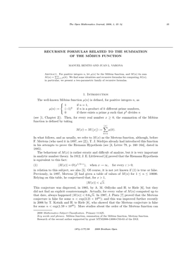 Recursive Formulas Related to the Summation of the Mobius¨ Function