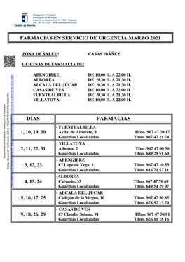 DÍAS FARMACIAS - FUENTEALBILLA 1, 10, 19, 30 Avda