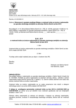 S K L E P O Vrednosti to Čke Za Izra Čun Nadomestila Za Uporabo Stavbnega Zemljiš Ča Na Obmo Čju Ob Čine Semi Č Za Leto 2010