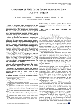 Assessment of Fluid Intake Pattern in Anambra State, Southeast Nigeria