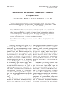 Hybrid Origin of the Apogamous Fern Dryopteris Hondoensis (Dryopteridaceae)