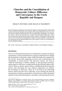 Churches and the Consolidation of Democratic Culture: Difference and Convergence in the Czech Republic and Hungary