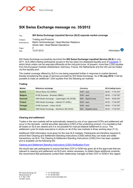 SIX Swiss Exchange Mitteilung Nr. XX/2012