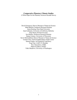 Comparative Planetary Climate Studies a White Paper for the Planetary Sciences Decadal Survey