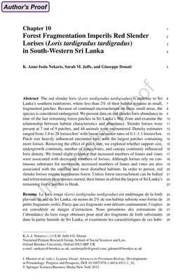 Forest Fragmentation Imperils Red Slender Lorises (Loris Tardigradus