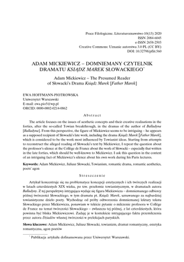 ADAM MICKIEWICZ − DOMNIEMANY CZYTELNIK DRAMATU KSIĄDZ MAREK SŁOWACKIEGO* Adam Mickiewicz − the Presumed Reader of Słowacki’S Drama Ksiądz Marek [Father Marek]