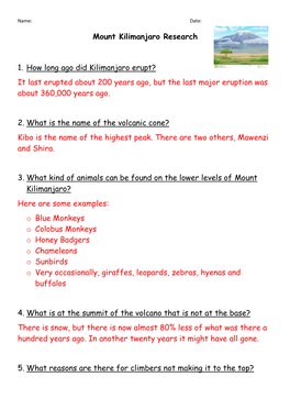 Mount Kilimanjaro Research 1. How Long Ago Did Kilimanjaro Erupt?