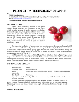 PRODUCTION TECHNOLOGY of APPLE by Malik Mohsin Abbas, Horticulturist, Horticultural Research Station, Soan, Valley, Nowshera, Khoshab