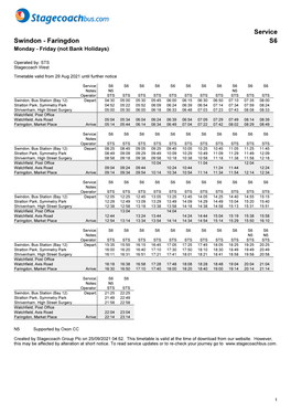 Service Swindon - Faringdon S6 Monday - Friday (Not Bank Holidays)