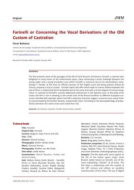 Farinelli Or Concerning the Vocal Derivations of the Old Custom of Castration Oscar Bottasso