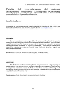 Estudio Del Comportamiento Del Molusco Biomphalaria Tenagophila (Gastropoda: Pulmonata) Ante Distintos Tipos De Alimento