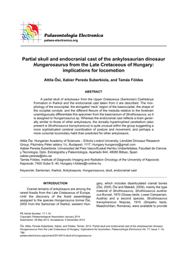 Partial Skull and Endocranial Cast of the Ankylosaurian Dinosaur Hungarosaurus from the Late Cretaceous of Hungary: Implications for Locomotion