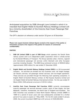 Anticipated Acquisition by DSB (Through Lyne Limited in Which It Is