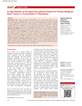 Is High Altitude an Emergent Occupational Hazard for Primary Malignant Brain Tumors in Young Adults? a Hypothesis