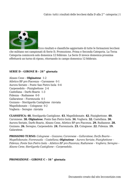 Calcio: Tutti I Risultati Delle Lecchesi Dalla D Alla 2^ Categoria | 1