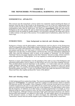 Exercise 1 the Monochord: Pythagoras, Harmonia and Cosmos