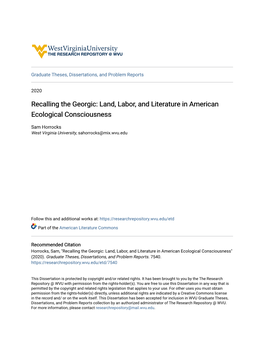 Recalling the Georgic: Land, Labor, and Literature in American Ecological Consciousness