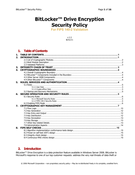 Bitlocker™ Drive Encryption Security Policy for FIPS 140-2 Validation