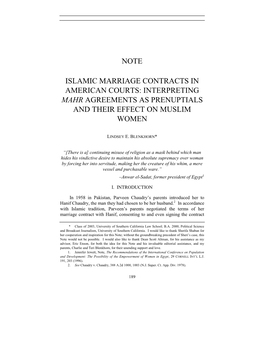 Islamic Marriage Contracts in American Courts: Interpreting Mahr Agreements As Prenuptials and Their Effect on Muslim Women