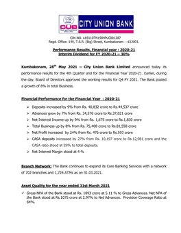 Performance Results, Financial Year : 2020-21 Interim Dividend for FY 2020-21 – 30%