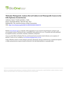 Molecular Phylogenetic Analyses Reveal Undiscovered Monospecific Genera in the Tribe Episcieae (Gesneriaceae) Author(S): James F