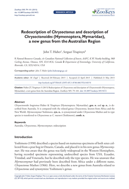 Hymenoptera, Mymaridae), a New Genus from the Australian Region