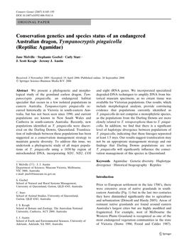 Conservation Genetics and Species Status of an Endangered Australian Dragon, Tympanocryptis Pinguicolla (Reptilia: Agamidae)