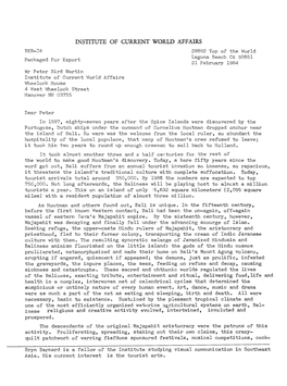 Packaged for Export 21 February 1984 R Peter Bird Martin Institute of Current World Affairs Whee Lock House 4 West Wheelock Street Hanover NH 08755