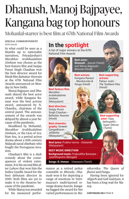 Dhanush, Manoj Bajpayee, Kangana Bag Top Honours Mohanlal-Starrer Is Best ﬁ�Lm at 67Th National Film Awards