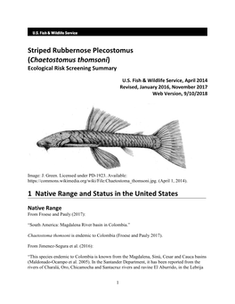 Chaetostoma Thomsoni Is Endemic to Colombia (Froese and Pauly 2017)