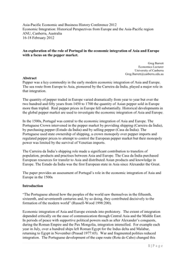 An Exploration of the Role of Portugal in the Economic Integration of Asia and Europe with a Focus on the Pepper Market