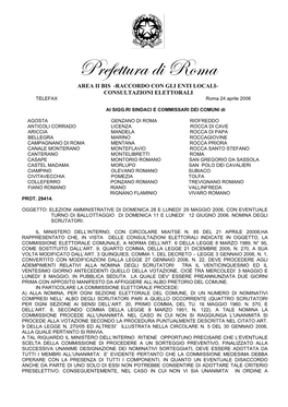 Cüxyxààâüt W| Eéåt AREA II BIS -RACCORDO CON GLI ENTI LOCALI- CONSULTAZIONI ELETTORALI TELEFAX Roma 24 Aprile 2006