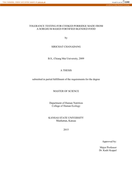 Tolerance Testing for Cooked Porridge Made from a Sorghum Based Fortified Blended Food