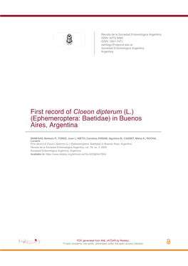 First Record of Cloeon Dipterum (L.) (Ephemeroptera: Baetidae) in Buenos Aires, Argentina